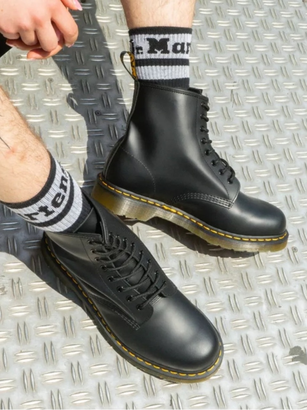 Dr. Martens Black Smooth Leather Lace Up 8-Eye Boots w Yellow Stitching